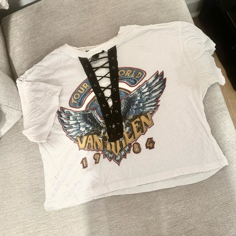 Forever 21 White Lace-Up Graphic Tee with Eagle Design